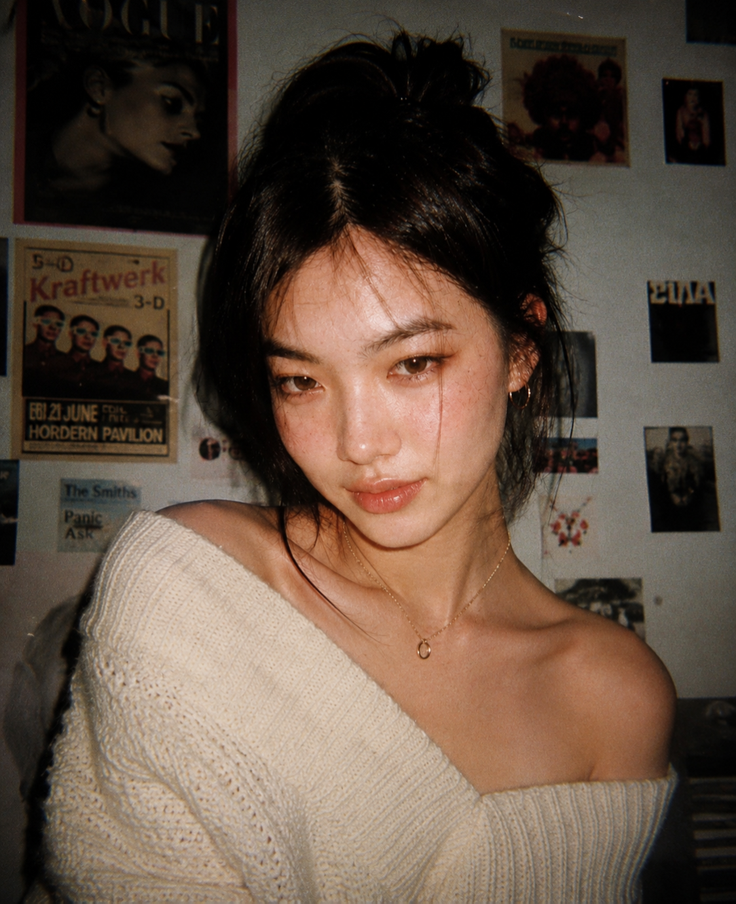 Woman with a messy bun wearing an off-shoulder sweater indoors
