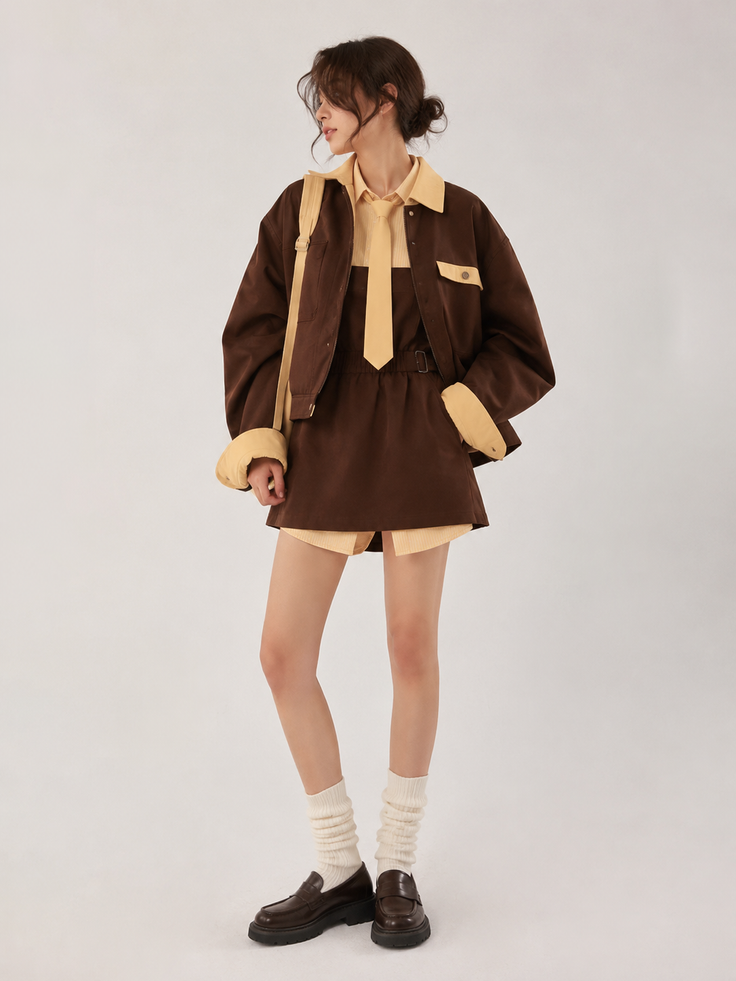 Woman in a brown jacket and yellow shirt with leg warmers and loafers
