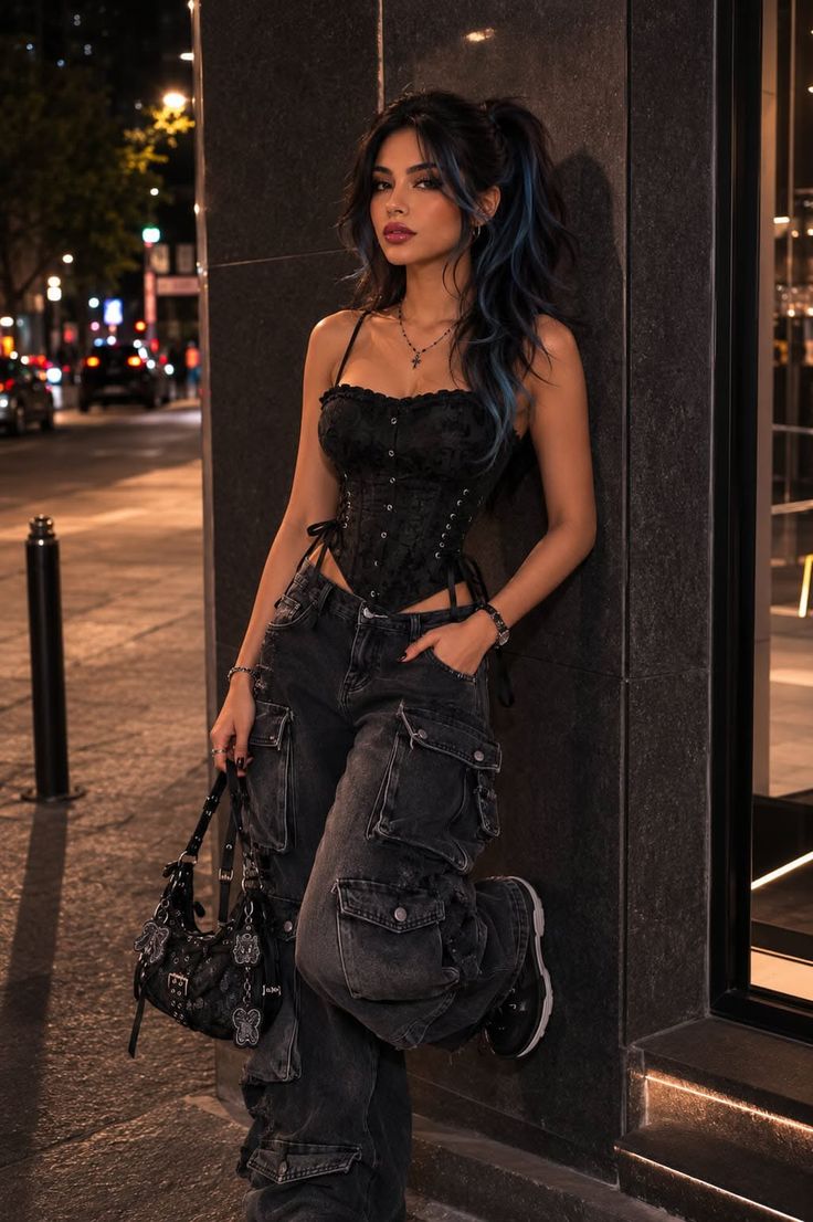 Woman in a black corset and cargo pants leaning against a wall on a city street at night