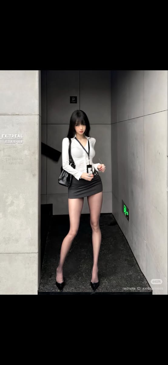 Woman in a white shirt and mini skirt posing indoors