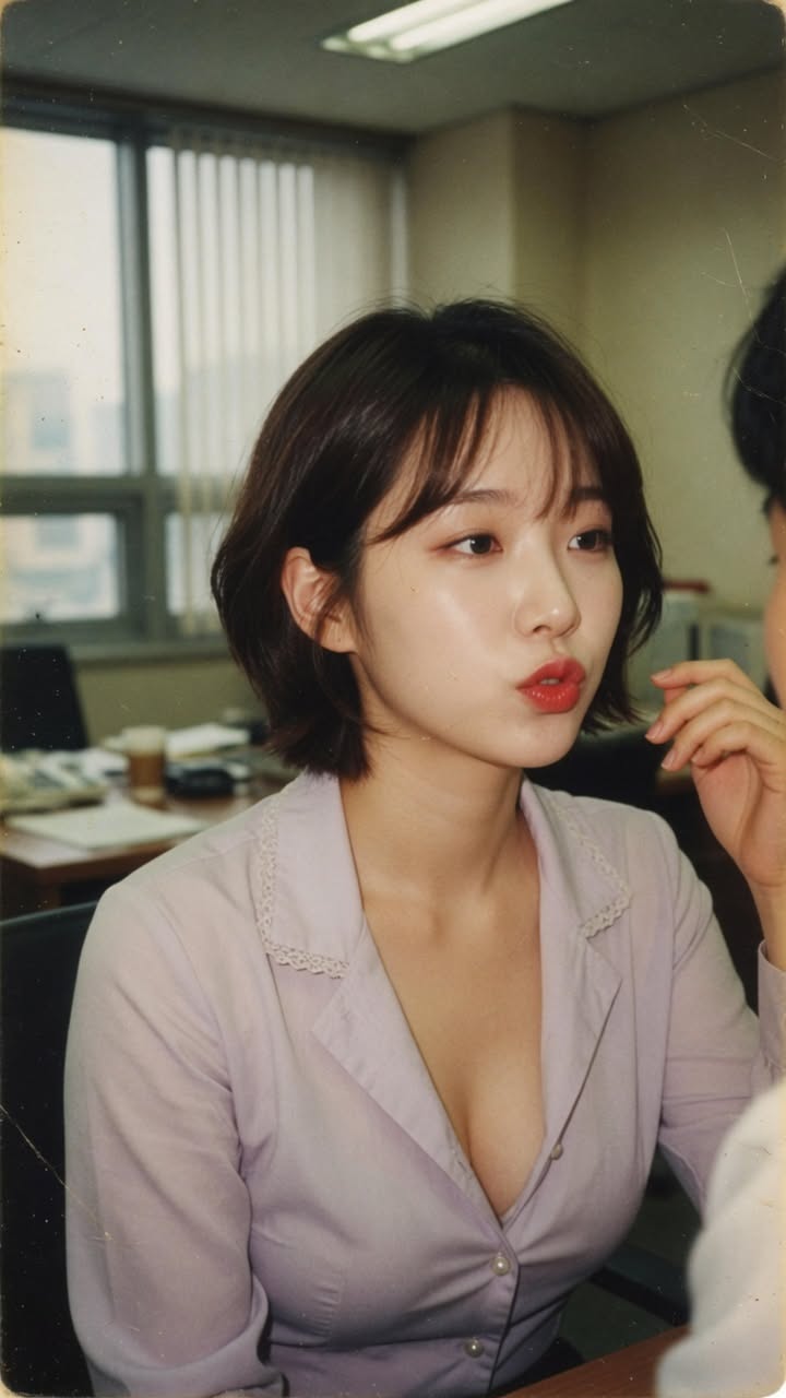 Woman with short hair and red lipstick in a light purple shirt in an office