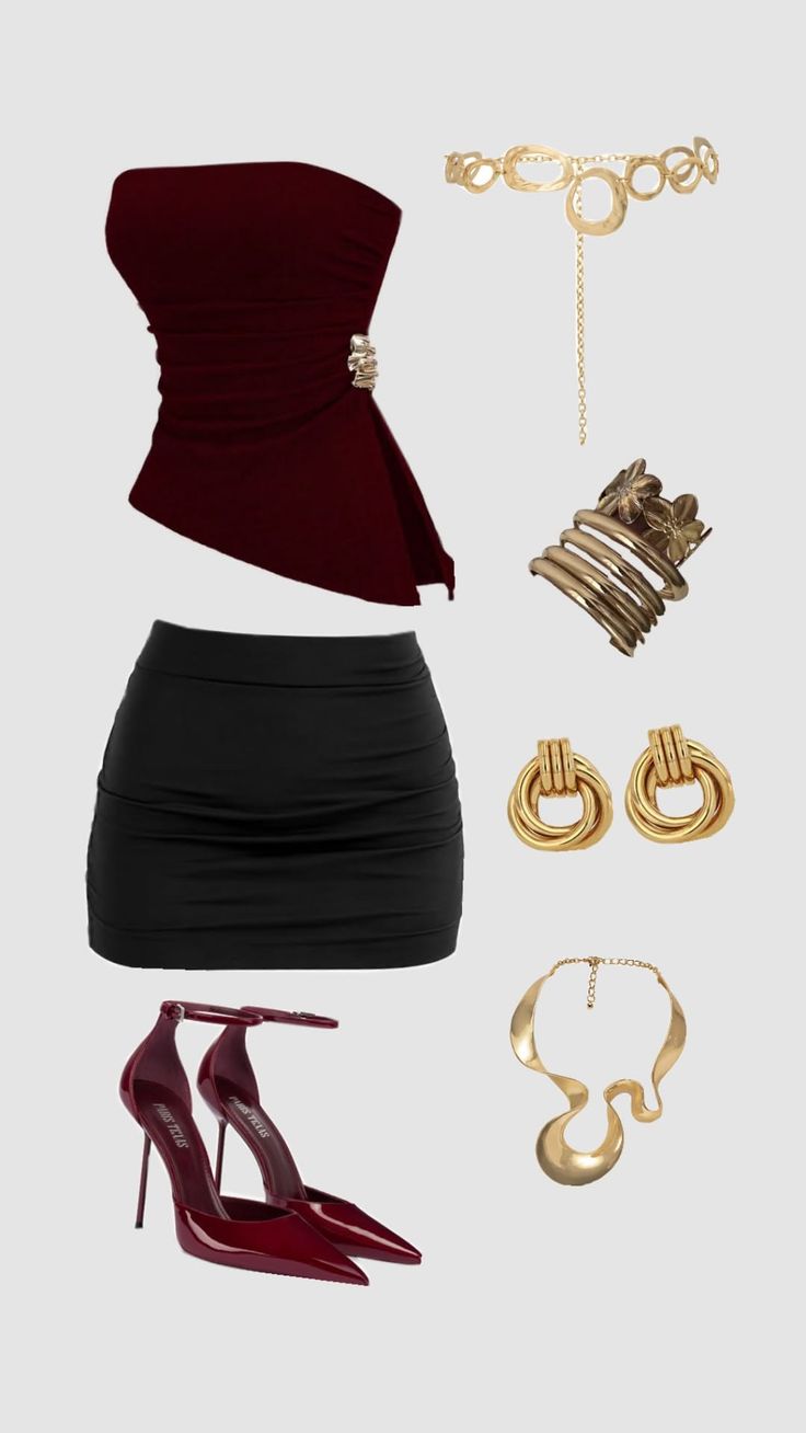 Fashion flat lay with a burgundy top, black skirt, red heels, and gold accessories