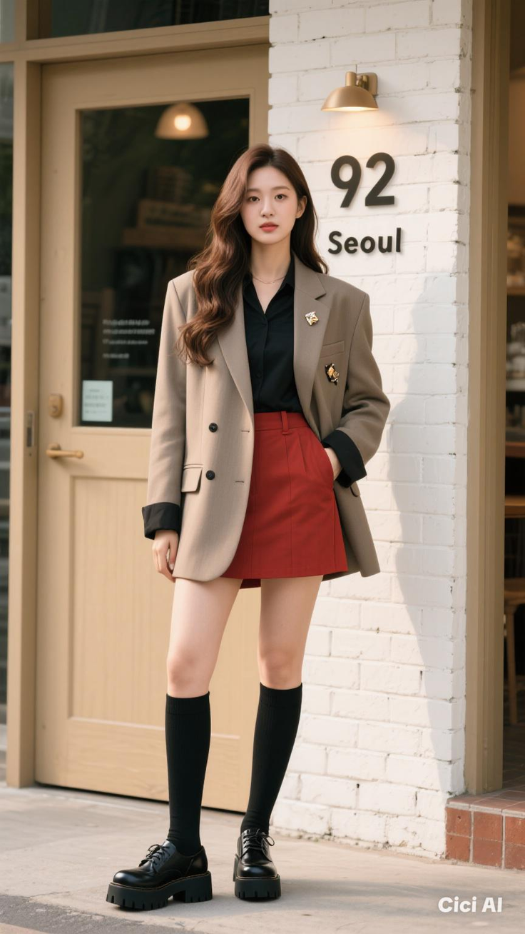 Woman in a blazer and red skirt standing outdoors with soft lighting