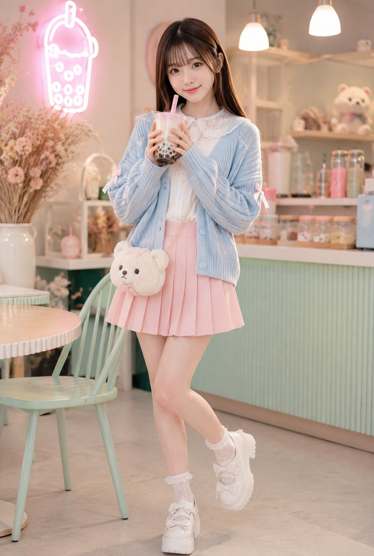 Young woman in a pink pleated skirt and blue cardigan holding bubble tea indoors
