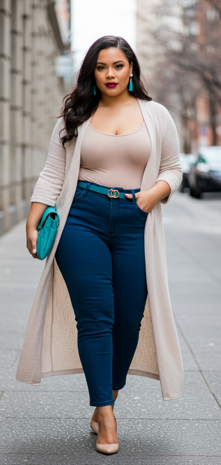 Woman in a long cardigan and blue jeans walking on a city street