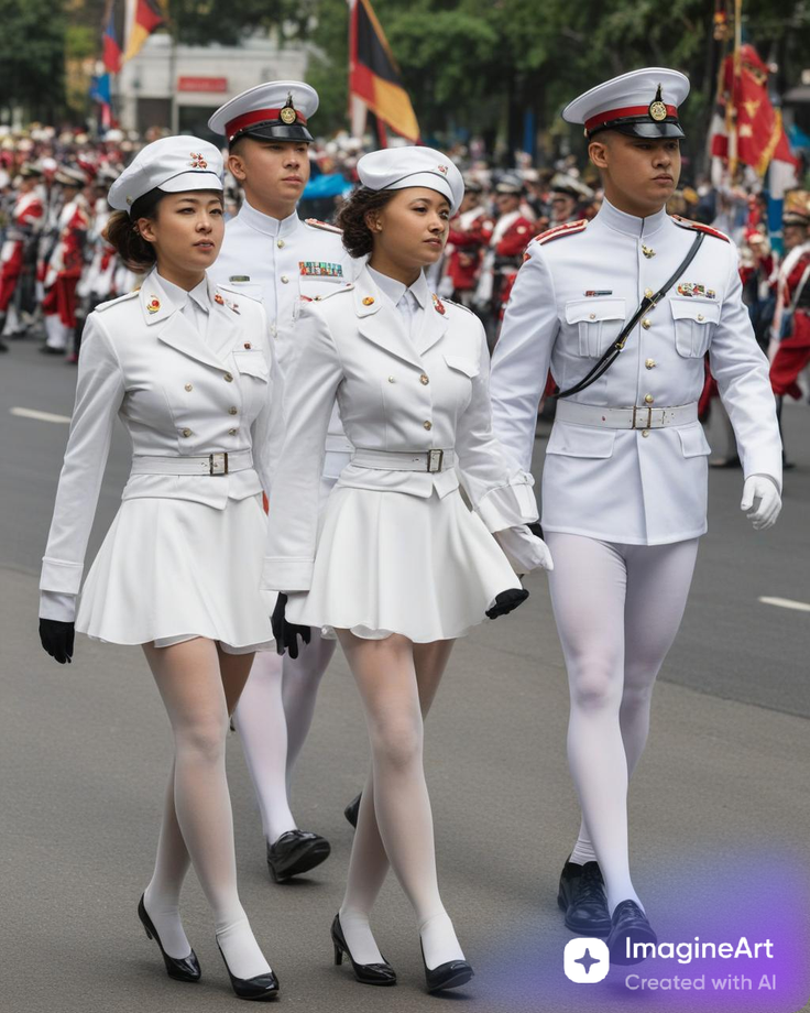 People in white military-style uniforms marching in a parade