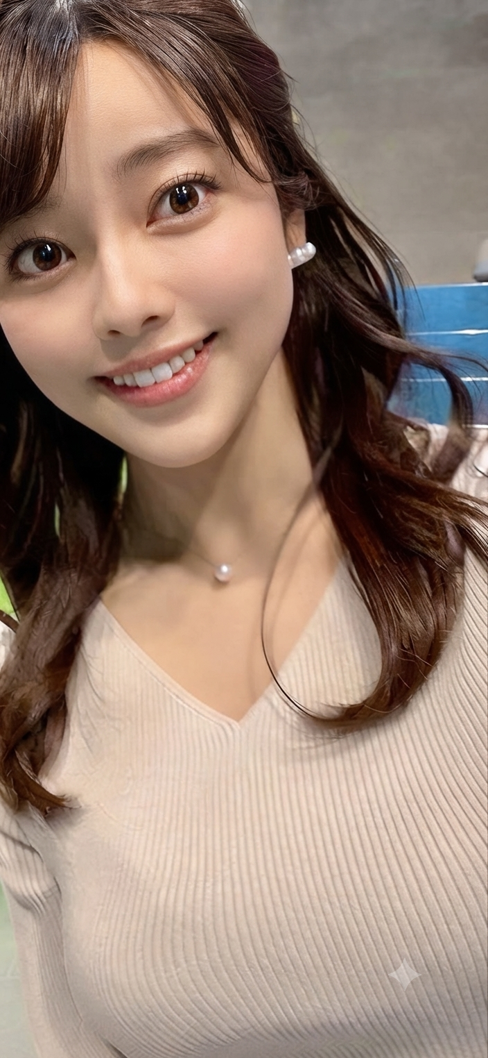 Woman with long brown hair wearing a ribbed v-neck top and pearl jewelry
