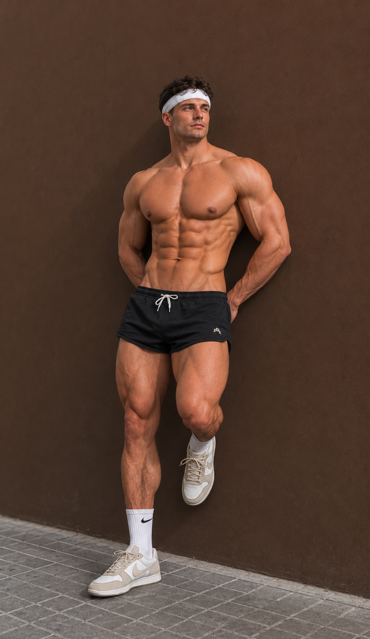 Muscular man in black shorts and a white headband leaning against a brown wall