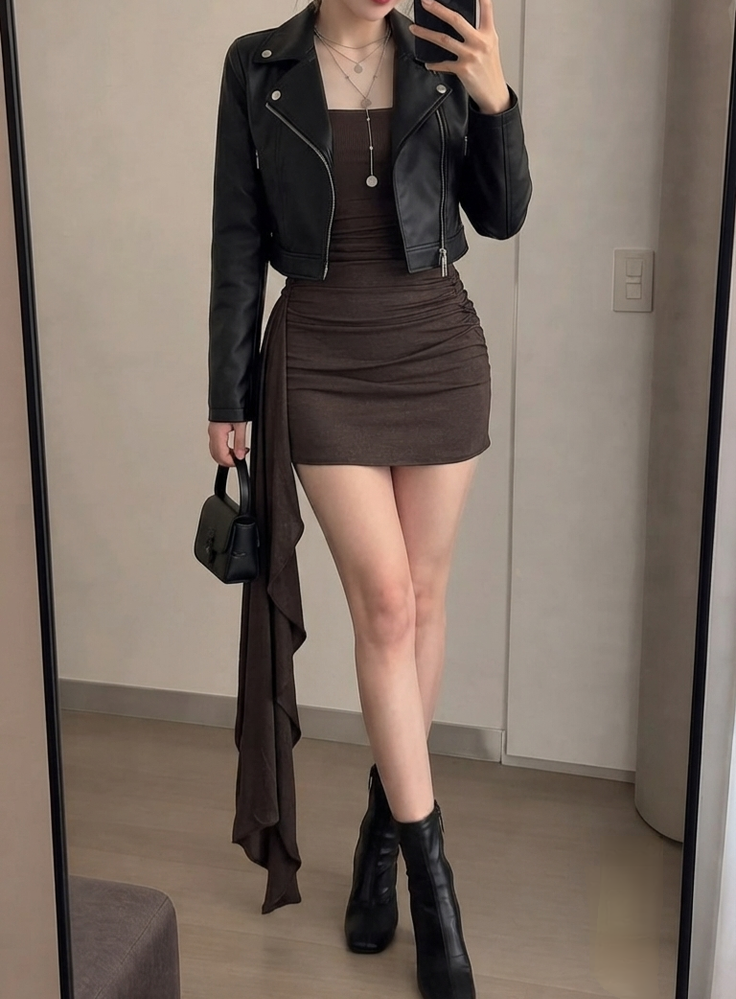 Woman in a black leather jacket and brown mini dress holding a black handbag