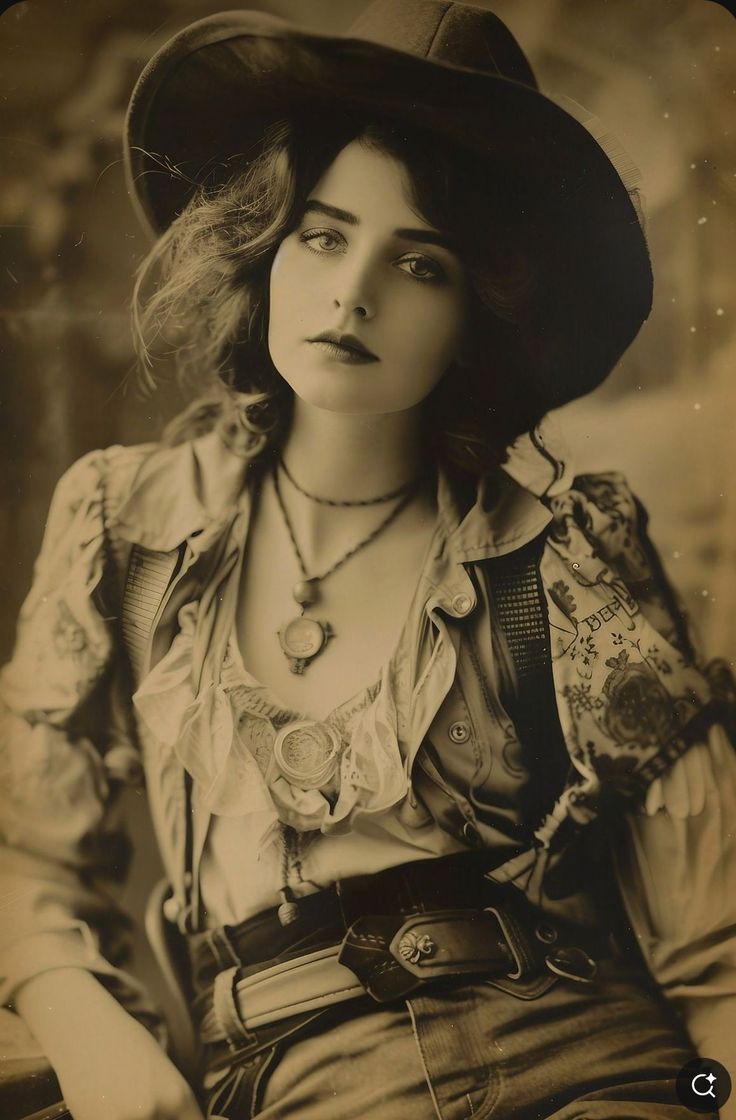 Woman in a cowboy hat and ruffled shirt with a sepia tone filter