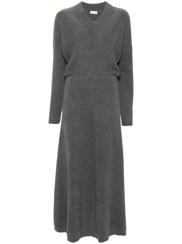 Gray long-sleeve midi dress with a v-neck on a white background