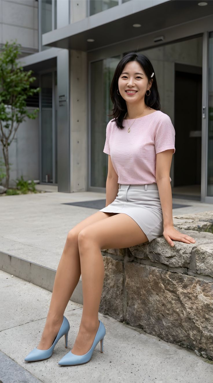 Woman with short dark hair wearing a pink top and mini skirt, sitting outdoors