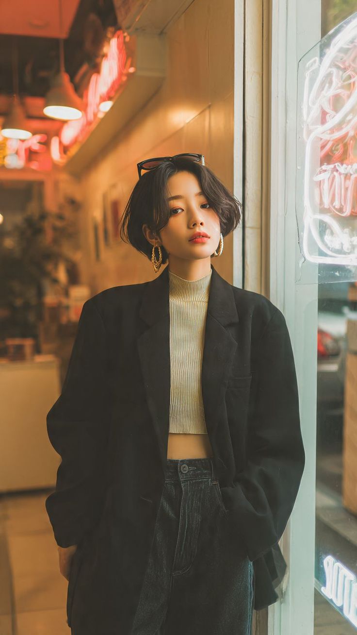 Woman with short hair wearing a black blazer and crop top in an urban setting
