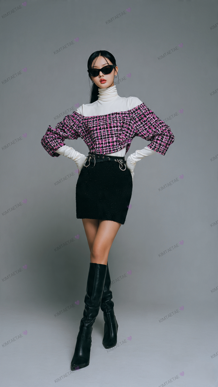 Woman in a tweed top, mini skirt, and knee-high boots posing in a studio