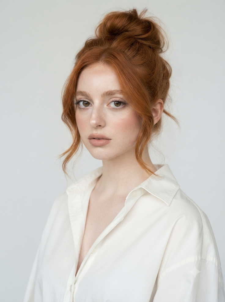 Woman with red hair in a bun wearing a white shirt, looking at the camera