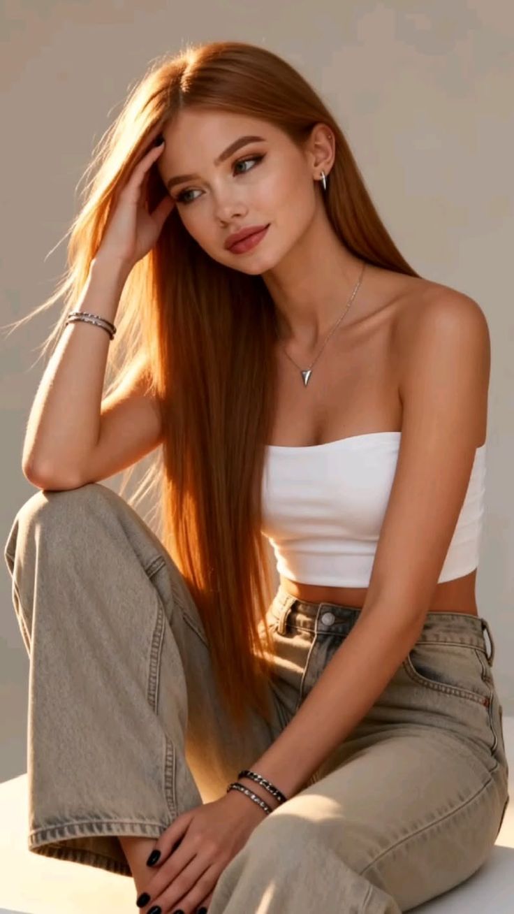 Woman with long red hair wearing a white tube top and jeans, sitting with soft lighting