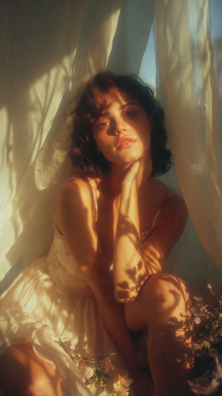 Woman with short hair in a white dress bathed in golden hour light and shadows