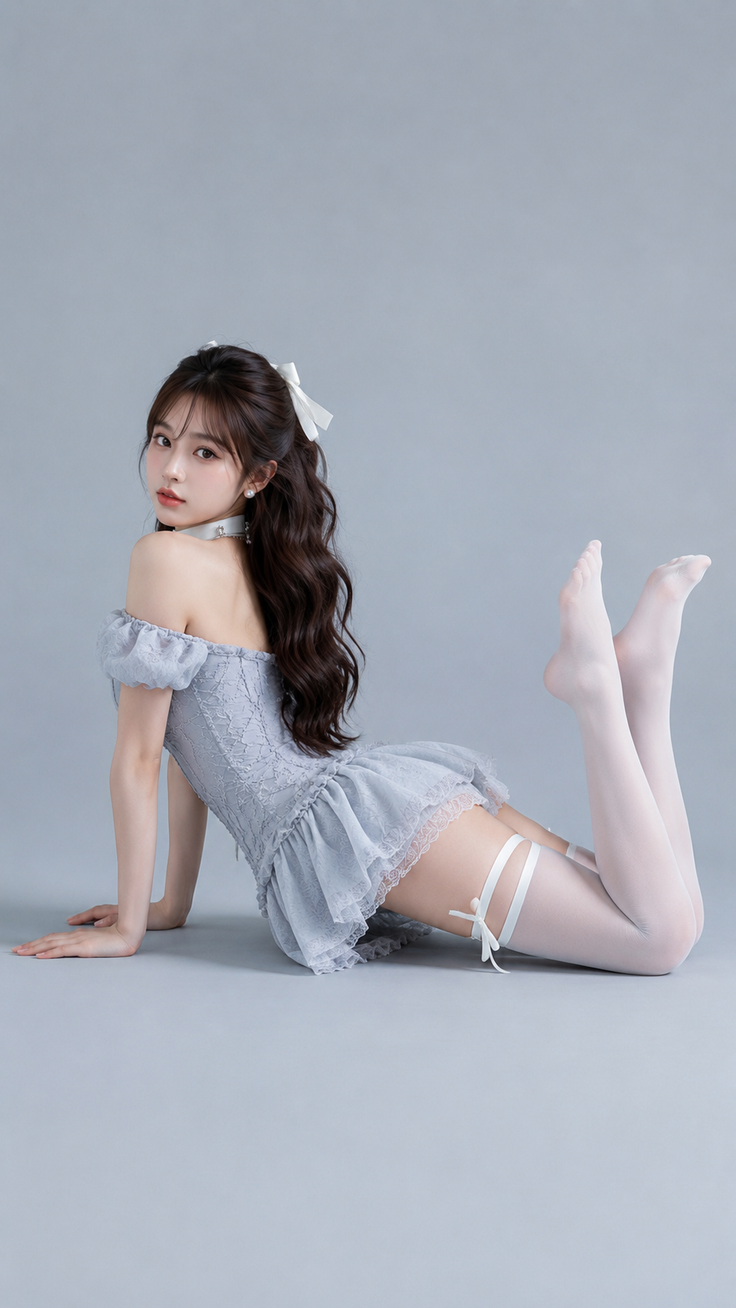 Woman in a light blue off-shoulder dress and white thigh-highs posing on the floor