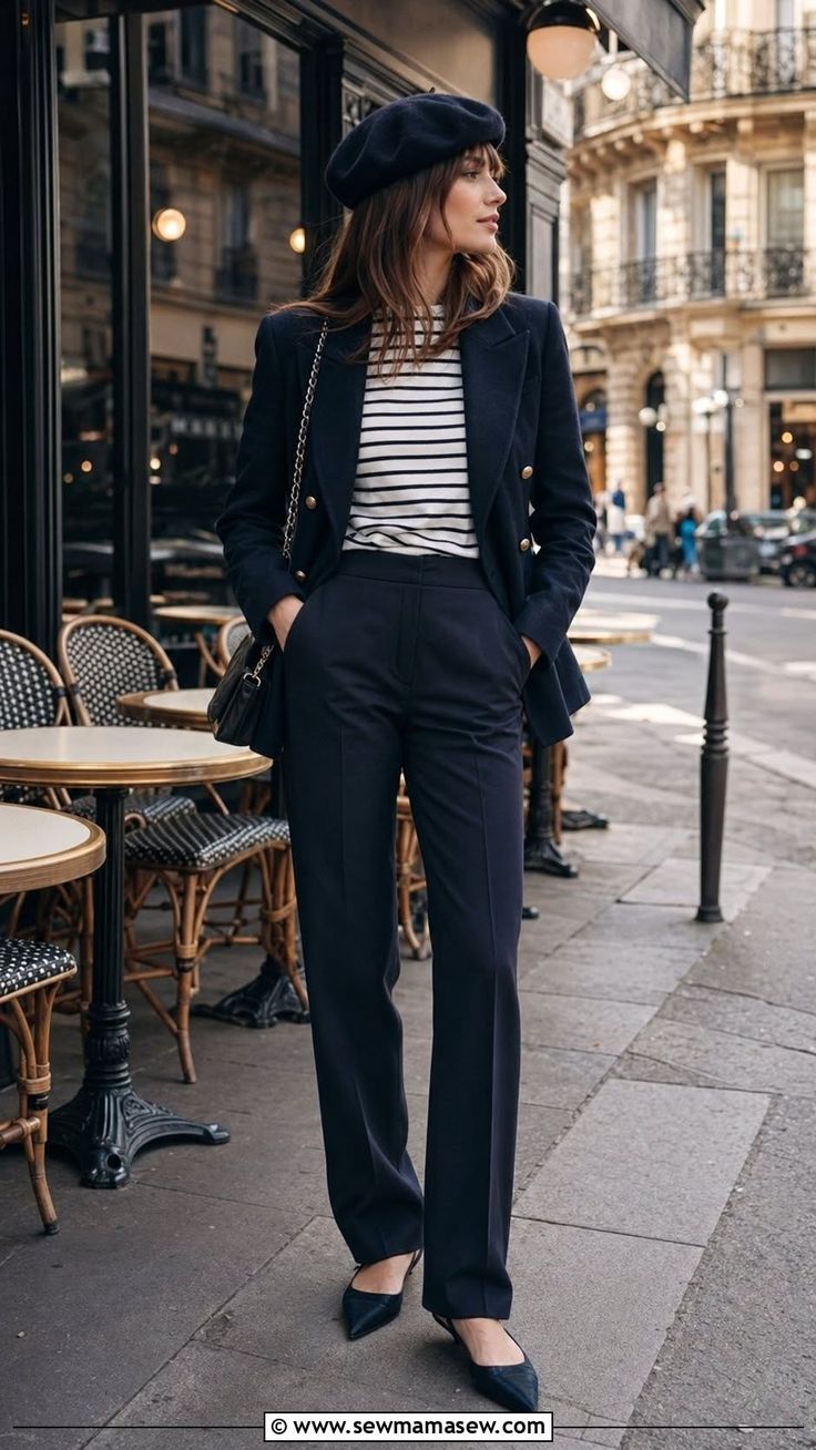 Woman in a beret and blazer standing on a street in front of a cafe