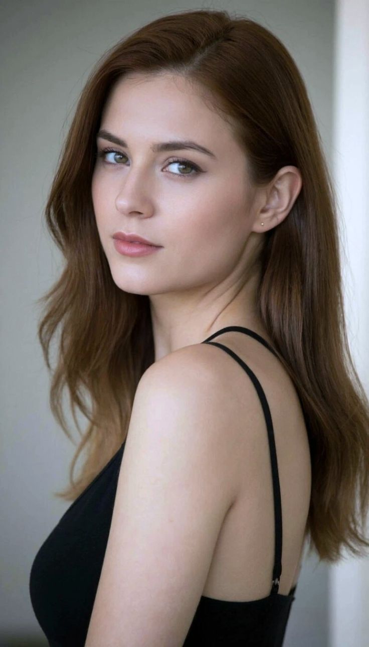 Woman with long brown hair and green eyes wearing a black top