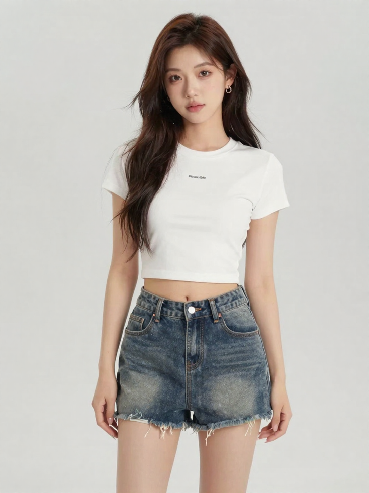 Woman with long hair wearing a white crop top and denim shorts in a studio