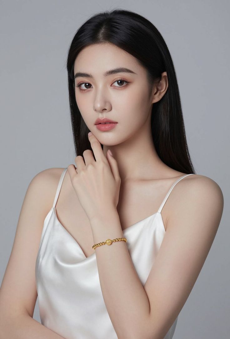 Woman with long black hair wearing a white camisole and gold bracelet