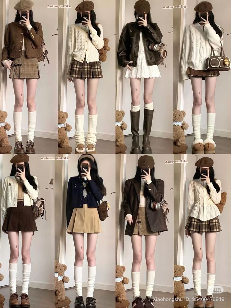 Multiple full body shots of people in various autumn outfits with berets and pleated skirts