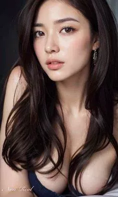 Woman with long dark hair and cleavage in a soft-lit portrait