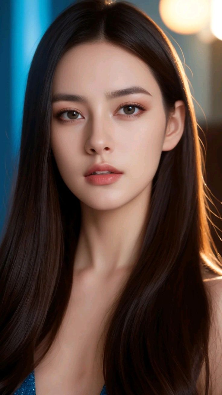 Realistic portrait of a woman with long dark hair and soft lighting