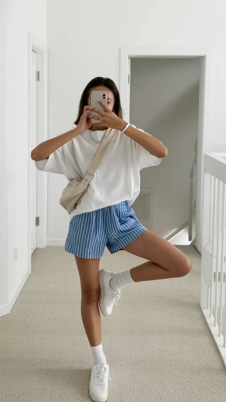 Woman in a white t-shirt and striped shorts taking a mirror selfie indoors