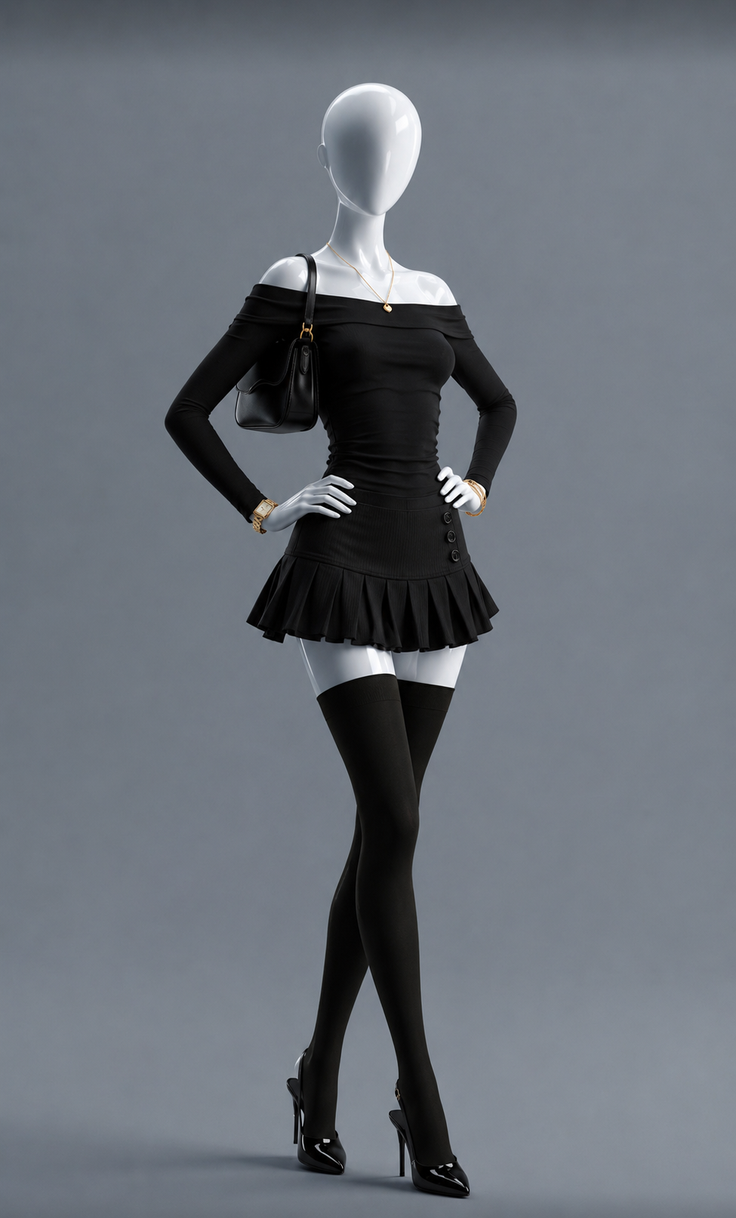 Mannequin in a black off-shoulder dress, mini skirt, and thigh-high socks