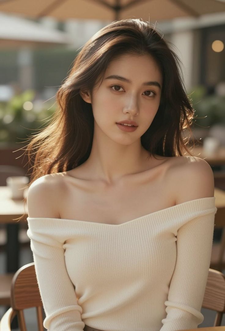 Woman with long hair wearing an off-shoulder top outdoors