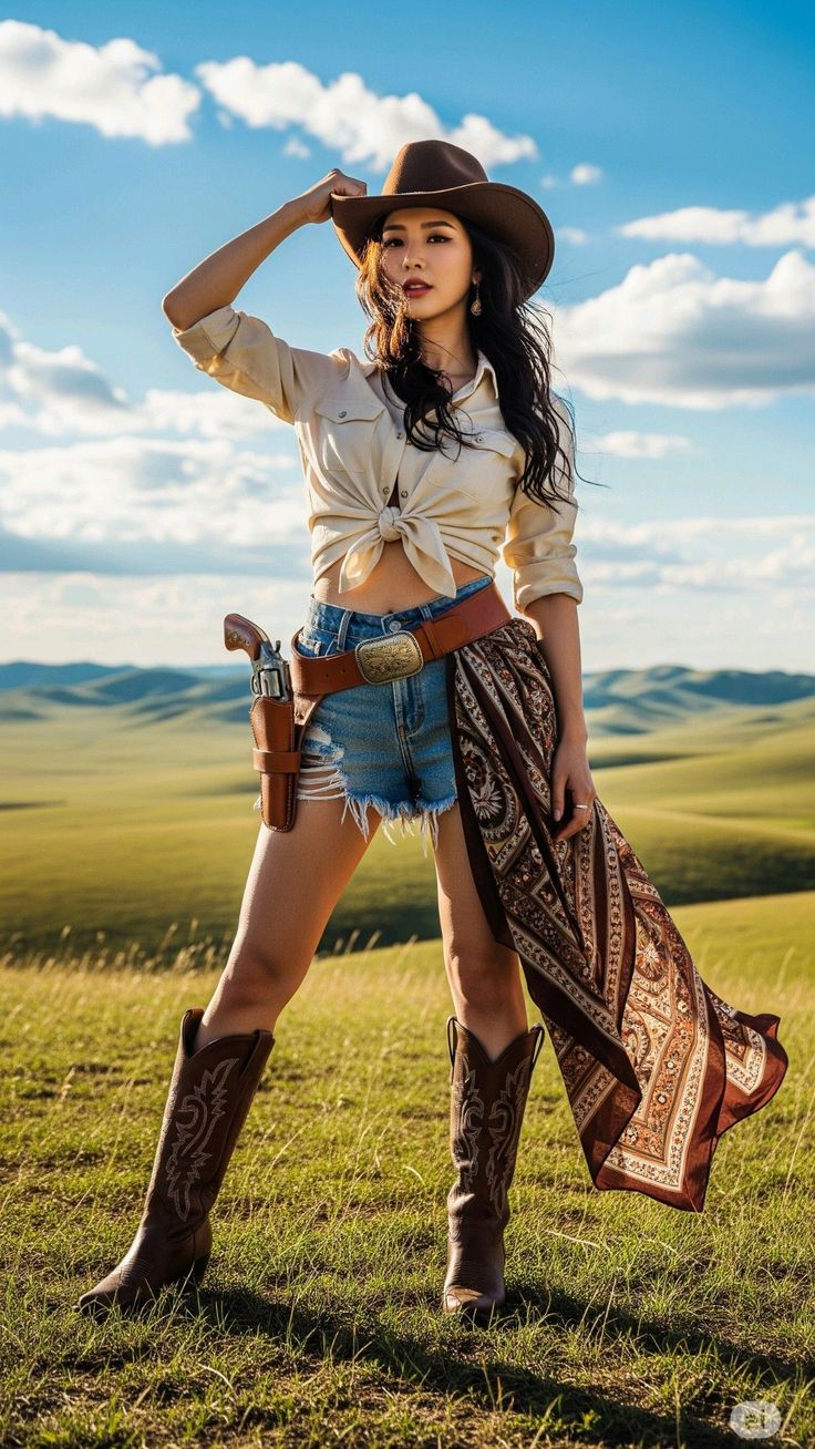 Woman in cowgirl attire posing in a grassy field under a blue sky