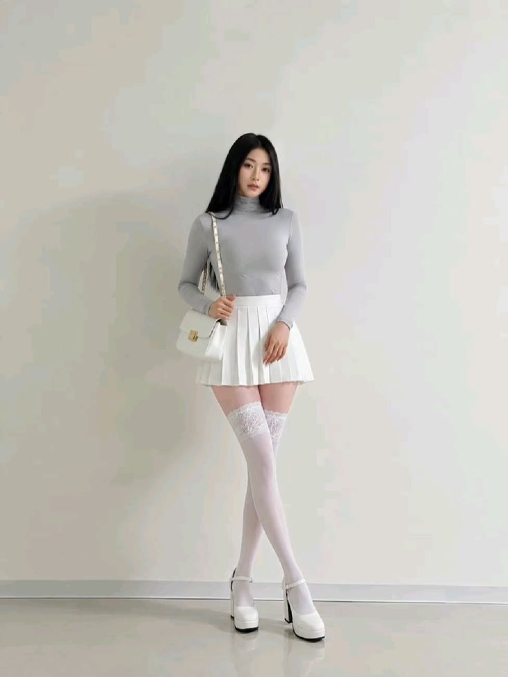 Woman in a gray turtleneck, white pleated skirt, and thigh-high stockings