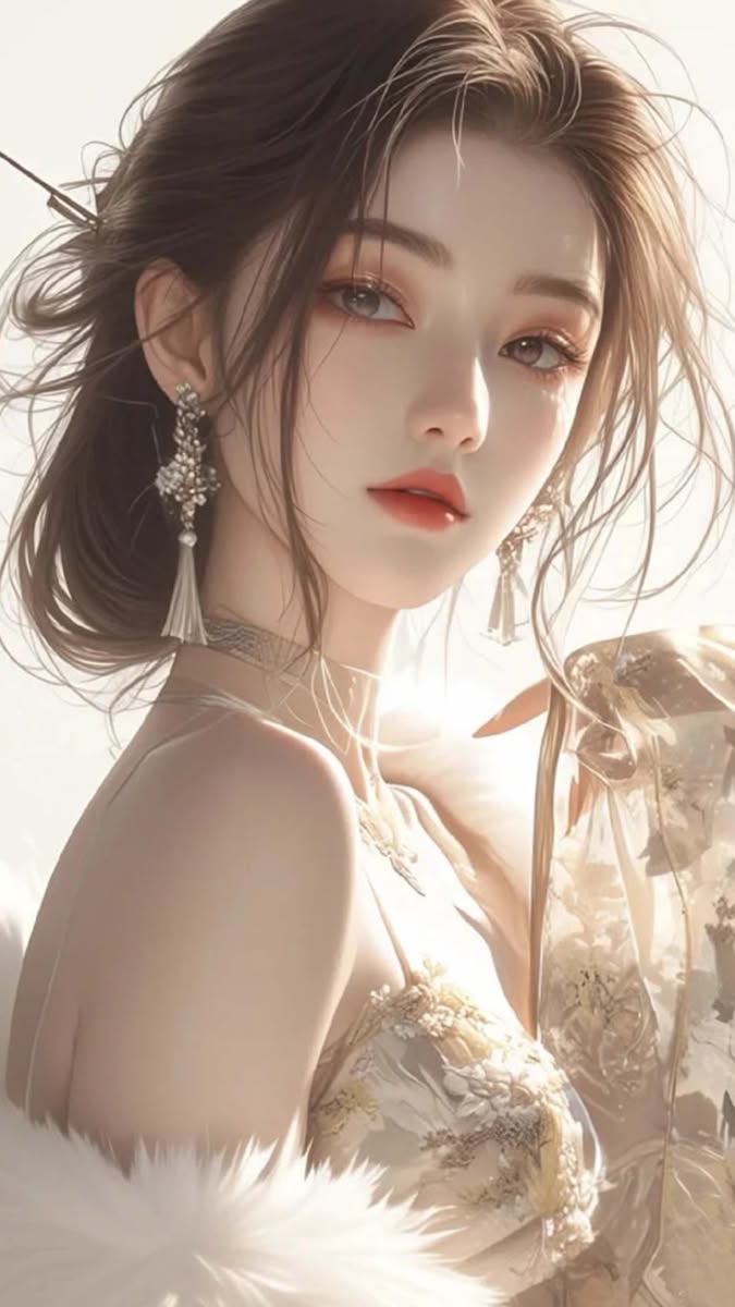 Illustration of a woman with long hair and elaborate jewelry
