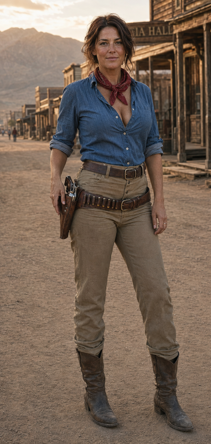 Woman in a cowgirl outfit with a revolver in a western town at golden hour