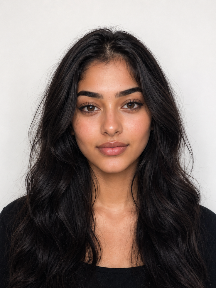 Woman with long black hair and brown eyes against a white background