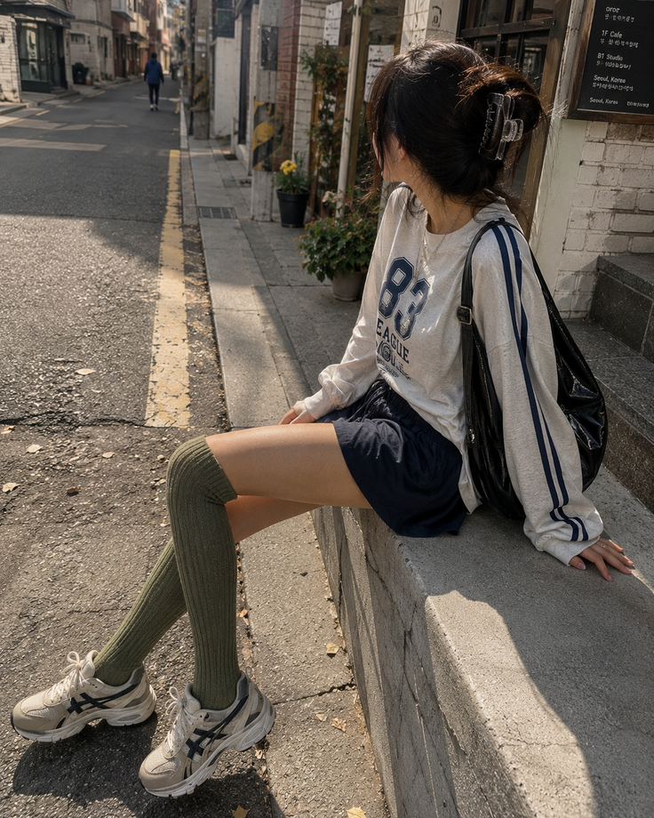 Woman in a long sleeve shirt, shorts, and knee high socks sitting on a curb