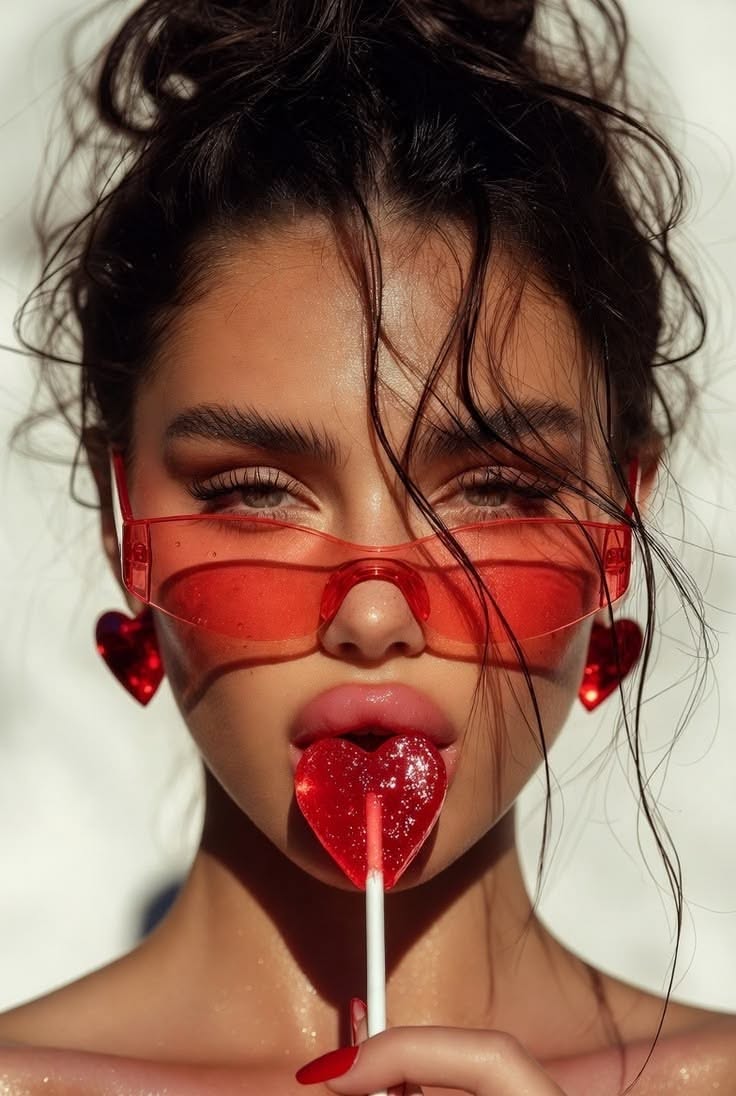 Woman with red sunglasses and a heart-shaped lollipop in a close-up shot