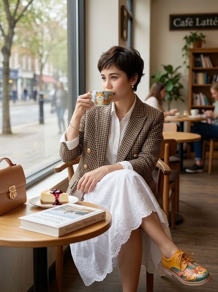 Woman with short hair drinking coffee in a cafe with a slice of cheesecake on the table