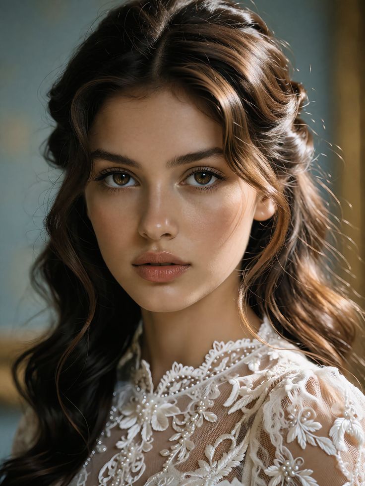 Woman with long wavy hair wearing a white lace dress with pearls
