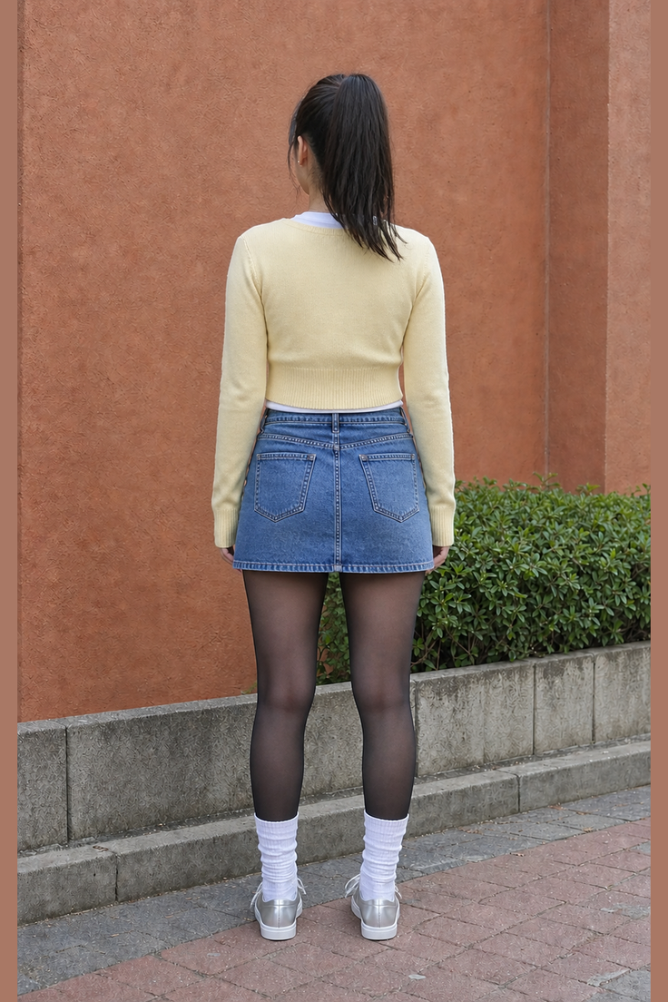 Woman with a ponytail wearing a denim skirt and black tights, seen from behind