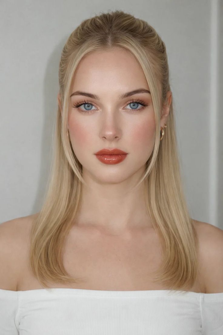 Woman with blonde hair and blue eyes wearing an off-shoulder top
