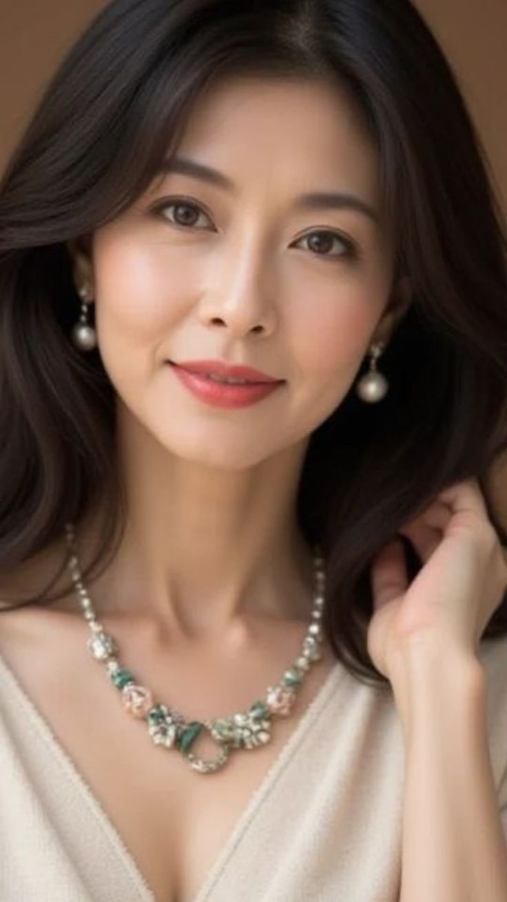 Woman with long dark hair wearing pearl earrings and a decorative necklace