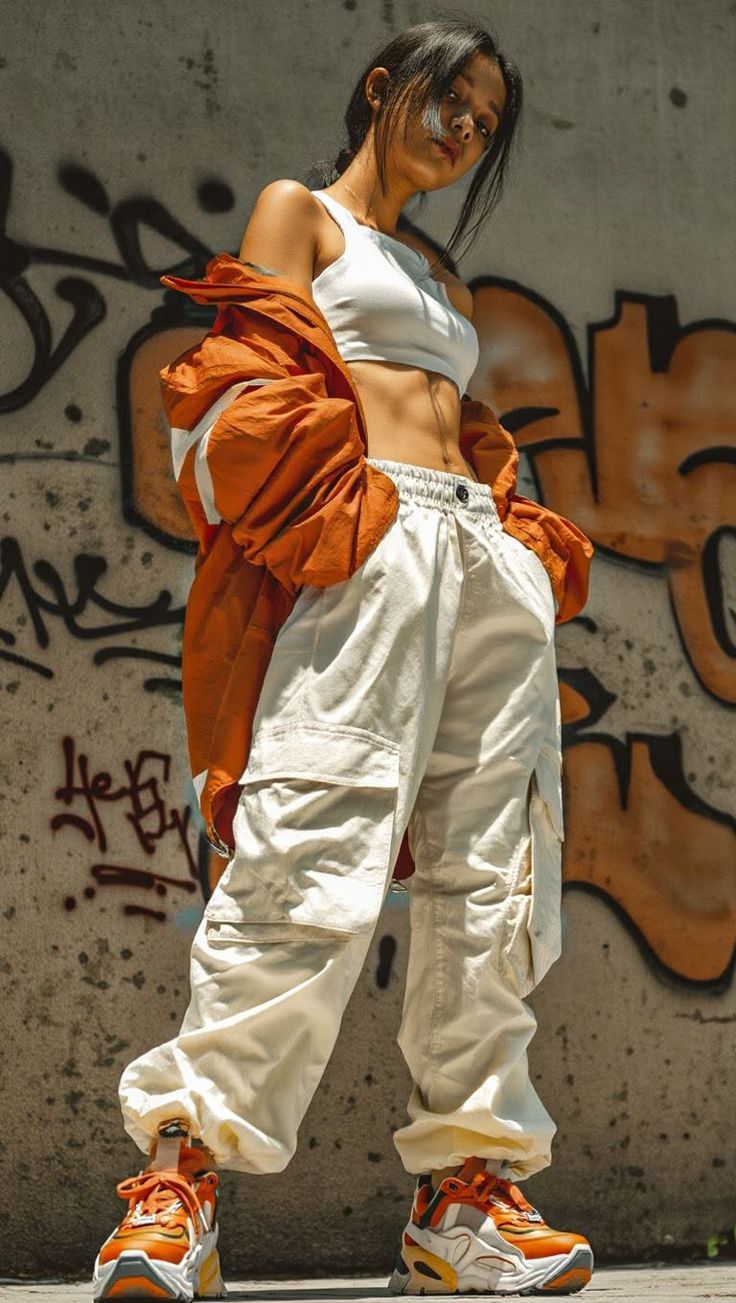 Woman in a white crop top and cargo pants with an orange jacket against a graffiti wall