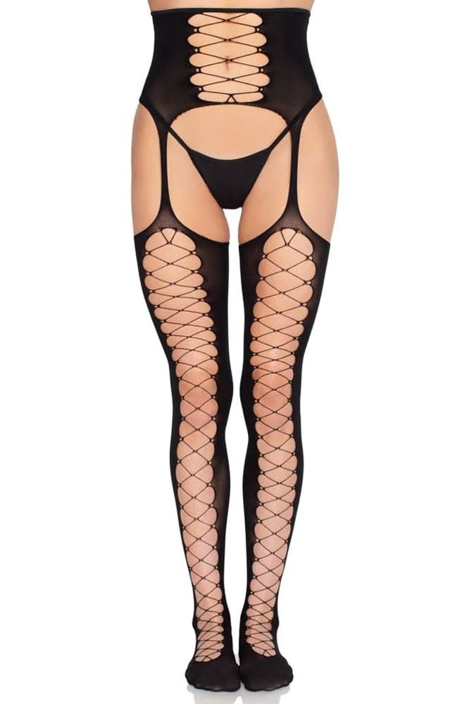 Woman wearing black lace-up stockings and garter belt on a white background