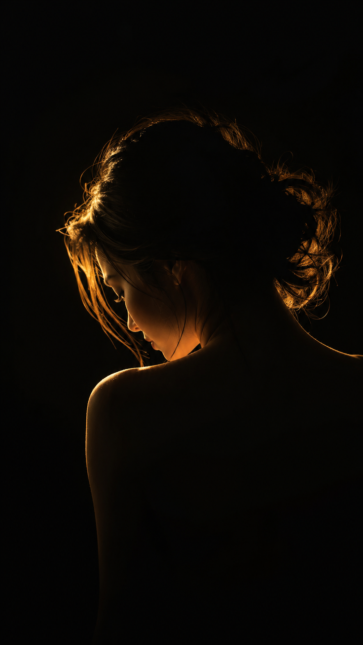Woman with messy bun and exposed shoulders, lit by warm backlight