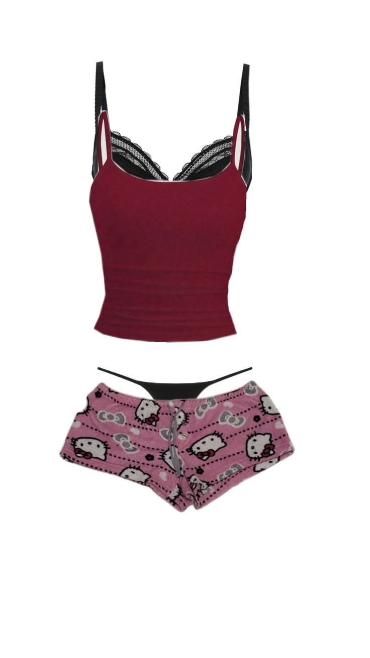 Red camisole with black lace, pink Hello Kitty shorts, and black thong underwear