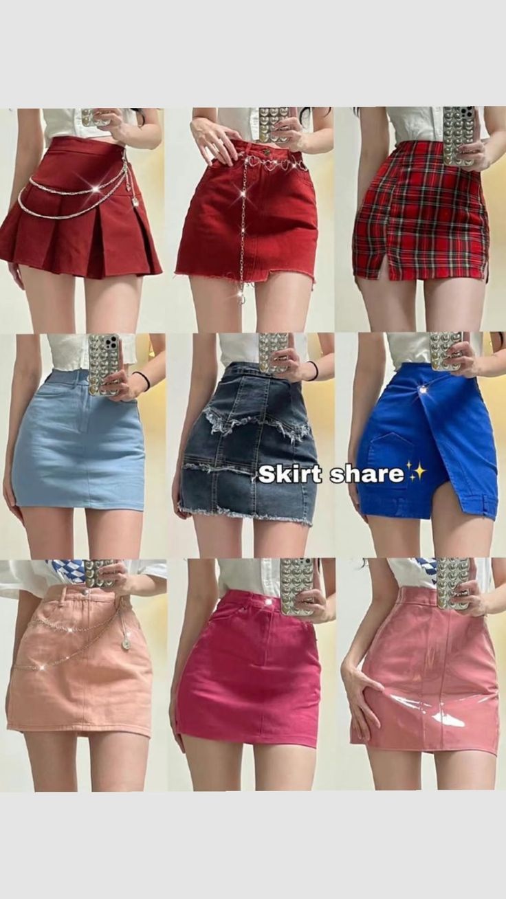 Collage of nine different mini skirts on a person