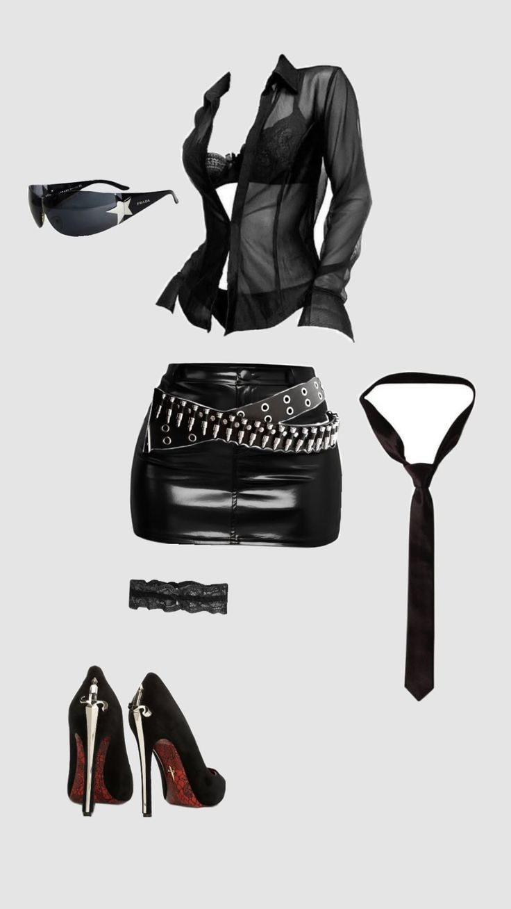Collection of black clothing and accessories including a sheer shirt and leather skirt